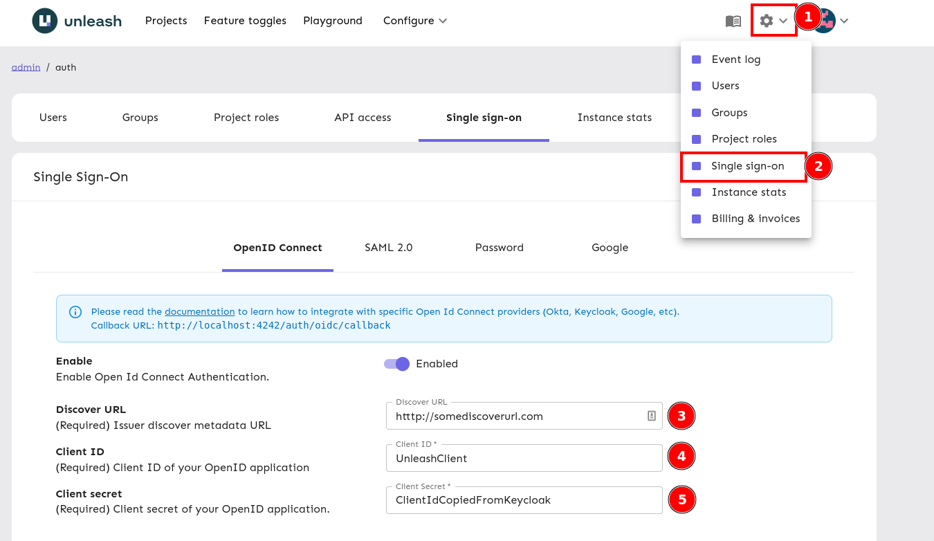 The Unleash SSO configuration screen with Client ID, Client Secret and Discover URL highlighted.